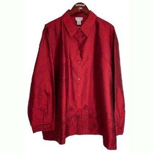 Womens Button Down Shirt Red Size 3X 100% Silk Floral Embroidered
